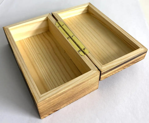 Top Shelf Solid Brass Piano Hinge 180 Degree Swing for Cabinet Closet and Jewelry Box Vibrated Brass Finish installed in wooden box.