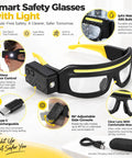 Smart Safety Glasses With Touchless Control And Five Rechargeable Lighting Modes, Waterproof Led Headlamp with adjustable side console.