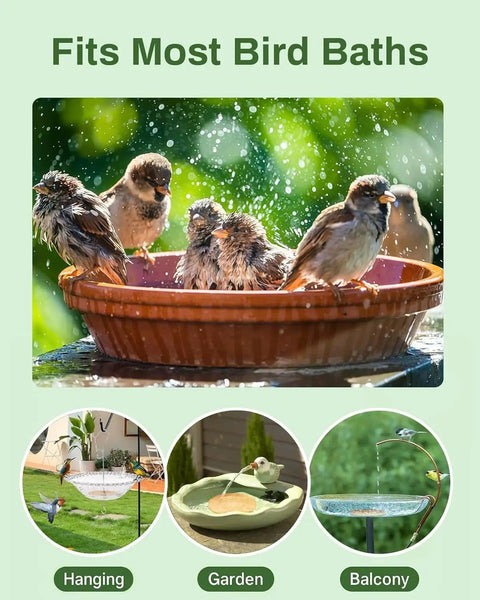 Birds bathing in ceramic bowl with Pure Copper Bird Bath Purification Disk For Outdoor Winter Solar Power Water Fountain No Chemicals No Rust Bird Health Boost Hummingbird Bee Bath Window Feeder Stand Nectar Pole Hanging Birdhouse Accessories visible.