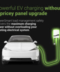 Heavy Duty Level 2 EV Charger With No Sweat Setup And Badass Fast Charge For Teslas And Nacs At Home 48 Amp 240v Weatherproof Wall Station 25 Ft Cable Pure White connected to a white electric vehicle.
