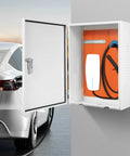 Badass Outdoor EV Charger Box Rock Solid Electric Vehicle Charging Station Protector With Combination Locks Heavy Duty Wall Charger Cover and Cable Organizer visible with charging cable inside.