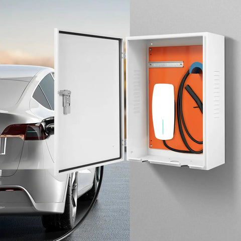 Badass Outdoor EV Charger Box Rock Solid Electric Vehicle Charging Station Protector With Combination Locks Heavy Duty Wall Charger Cover and Cable Organizer visible with charging cable inside.