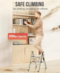 Man using Two Step Aluminum Folding Ladder For Home Use Lightweight Portable Step Stool With Anti Slip Pedals Easy Fold 300 Pound Capacity Great For Kitchen Closet And Garage Gold Finish to reach high shelf.