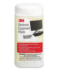 3M Electronic Equipment Wipes canister showing label with non-abrasive, premoistened electronic wipes for cleaning screens.