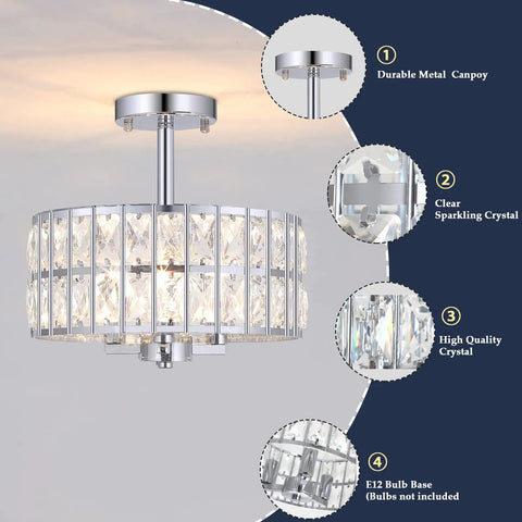 Crystal Semi Flush Mount Chandelier 12.6 Inch Round Drum Ceiling Light 3 Light E12 Fixture Chrome Finish close-up
