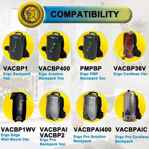 Compatibility chart showing vacuum cleaners compatible with 15 Pack Replacement Vacuum Bags For Ergo Backpack 8 Quart Vacuum Cleaners