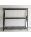 Robust 3 Tier Steel Shelving Rack With 6000 Lb Heavy Duty Capacity For Garage And Warehouse Storage features three wide metal tiers.