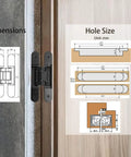 Rock Solid Black Hidden Door Hinges For Flush Wood Panels, showing dimensions and hole sizes for installation details.