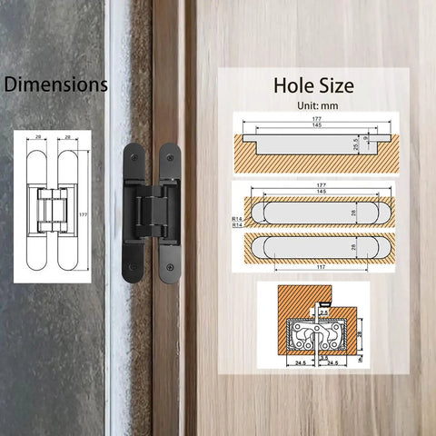 Rock Solid Black Hidden Door Hinges For Flush Wood Panels, showing dimensions and hole sizes for installation details.