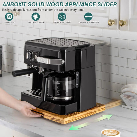 Slick Glide Wooden Appliance Slider For Coffee Makers And Heavy Kitchen Gear Anti Scratch Base with coffee maker on wooden base.