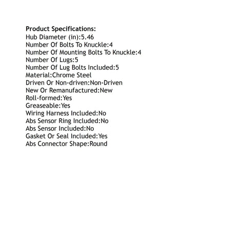 Product specifications for Straight Swap Rear Hub Bearing Assembly For 14 To 18 Mazda3 Sport With Sealed Units.