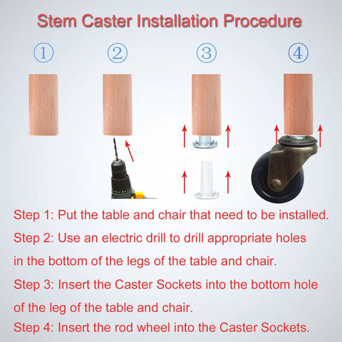 Step-by-step guide for installing Badass Heavy Duty 2 Inch Antique Furniture Casters with sockets and wheels.