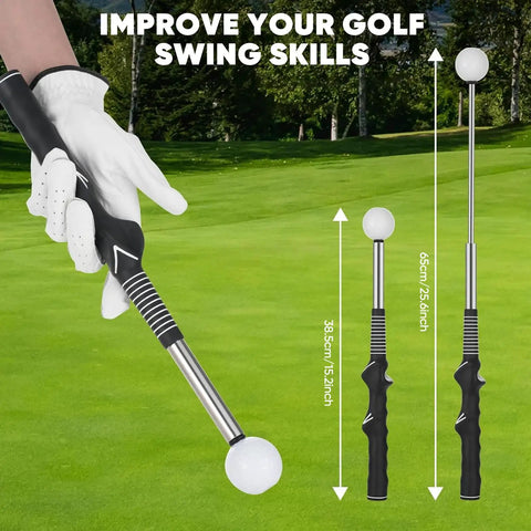 Retractable Golf Swing Trainer With Grip Trainer And Click Feedback For Tempo And Swing Mechanics Weighted Indoor Practice Stick For Home Office Use Great Gift For Men And Women Beginners, shown with measurements