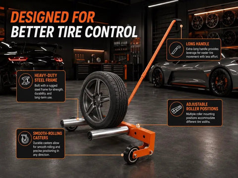 Heavy Duty Adjustable Tire Wheel Dolly With No Sweat Lever Lift Design And 440 Lbs Capacity For Effortless Hub Assembly Moving In Your Workshop And Sturdy Frame featuring a long handle and adjustable rollers.