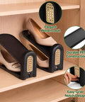 12 Pack Adjustable Shoe Slot Organizers, Double Layer Closet Stackers in black with elegant woven design, holding stylish heels.