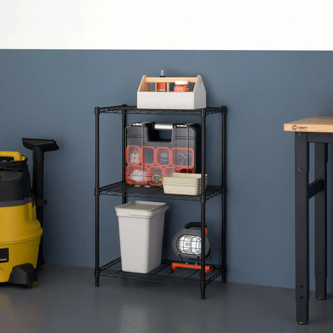 Heavy Duty 3-Tier Metal Wire Shelving Rack Featuring Dang Sturdy 450 Lb Capacity in garage with tools and storage bins.