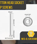 Heavy Duty M3 Button Head Socket Cap Screws 60 Pack Coarse Thread 55mm Long 304 Stainless Steel Whitewash dimensions and details