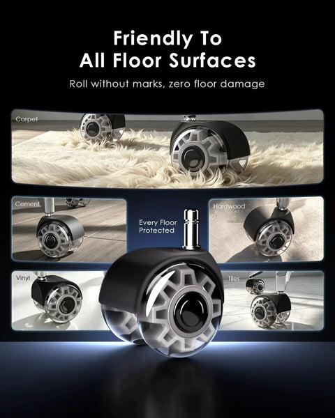 Hella Heavy Duty Rollerblade Office Chair Wheels With Quiet Glide And Effortless Swivel On Hardwood Floors And Carpet Plus 700 Pound Capacity showing various surface compatibility.