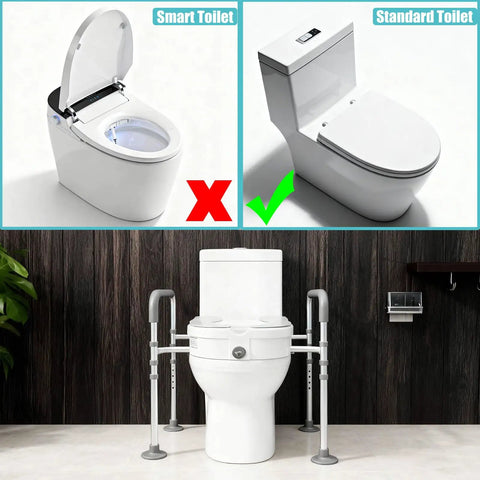 Total Badass Adjustable Raised Toilet Seat With Handles Heavy Duty Aluminum Safety Frame Real Deal Bathroom Assist Bar next to standard toilet.