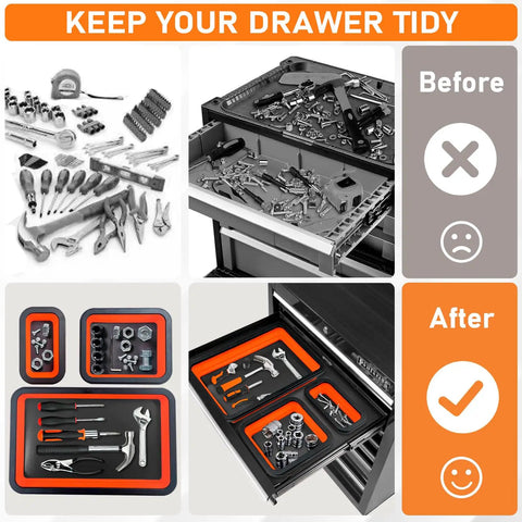 Before and after image showing Collapsible Magnetic Parts Tray Set With 3 Foldable Silicone Tool Trays organizing tools in drawer.