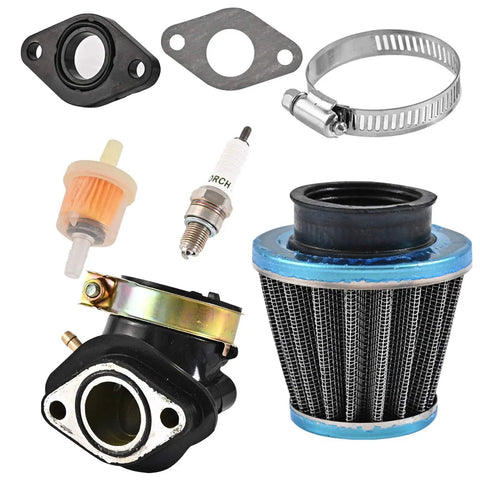 Badass Top Shelf GY6 125CC 150CC Carburetor Kit components including air filter, choke, and gaskets for 4 stroke engines.