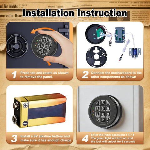 Installation instructions for Heavy Duty Programmable Electronic Safe Lock Replacement Keypad with components setup and 9V battery.