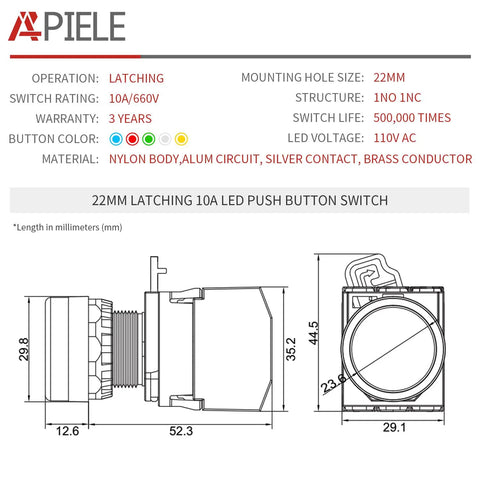 Heavy Duty 22 mm Latching Push Button Switch With Glow In Dark Red Led And Knuckle Bash Metal Cover For 110 Volt Tasks diagram showing dimensions and specs