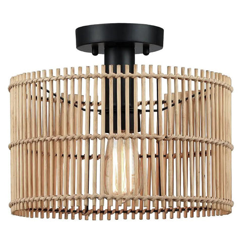 Boho Hand Woven Rattan 1 Light Semi Flush Mount Ceiling Light For Hallways Entryways And Bedrooms, Natural Bamboo Wicker Look