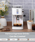 Front view of 20 Bar Professional Espresso Machine With Milk Frother Steam Wand Compact Latte And Cappuccino Maker Adjustable Shot Volume White Finish Perfect Gift For Coffee Lovers on kitchen counter