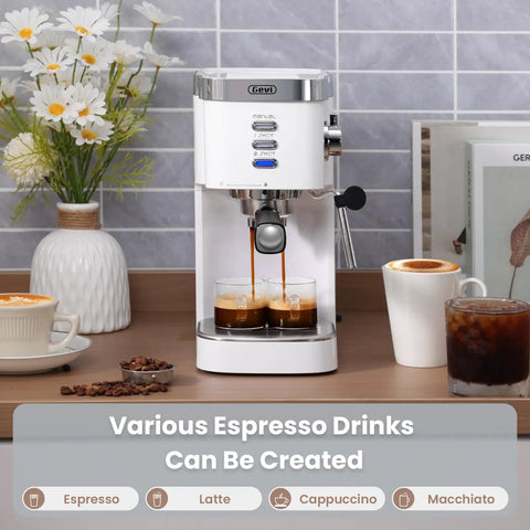 Front view of 20 Bar Professional Espresso Machine With Milk Frother Steam Wand Compact Latte And Cappuccino Maker Adjustable Shot Volume White Finish Perfect Gift For Coffee Lovers on kitchen counter
