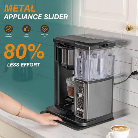 Heavy Duty Metal Appliance Slider And Smooth Glide Tray For Coffee Makers Air Fryers Under Cabinet Kitchen Game Changer Easy Pull Out Slide Guard Protector Mat with coffee maker on countertop.