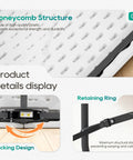Product details of Six Foot Folding Table For Indoor And Outdoor Use Portable Picnic Party Table With Carrying Handle Fold In Half Design Lightweight White Plastic Perfect For Parties BBQs Weddings Camping And More showing honeycomb structure, locking design, and retaining ring close-ups