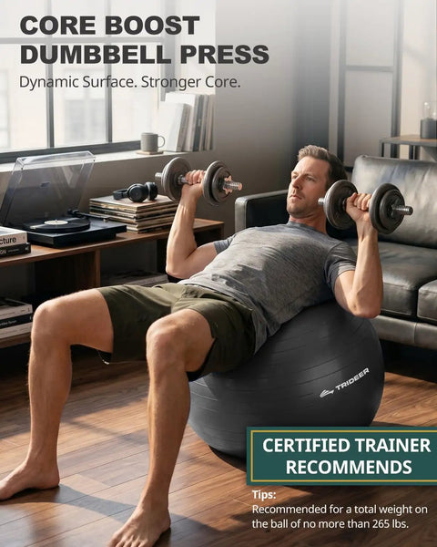 Man performing dumbbell press on Badass Anti Slip Yoga Ball With Included Quick Pump Super Durable Frosted Grip Shell.