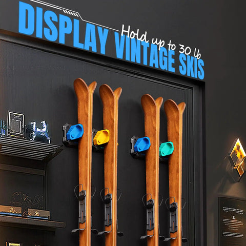 Heavy Duty Wall Mounted Ski And Snowboard Rack For Garage Keeps Gear Crash Proof Featuring Soft Rubber Holders That Lock Boards Rock Solid And Super Sweet Storage Setup Blue 4 Pack displaying four vintage skis mounted on wall.