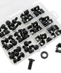Heavy Duty Rack Mount Snap On Nut Screws With Washers 30 Piece Set displayed in a transparent organizer box for server racks and audio gear.