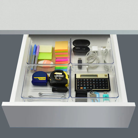Clear Drawer Organizer Set, 4-Piece Box Trays For Office, Home, Makeup And Kitchen, Junk Drawer Storage, Crystal Clear Plastic