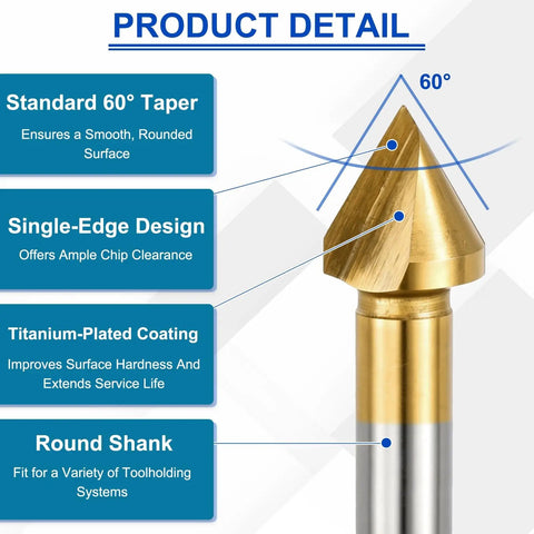 Slick And Sharp 60 Degree Countersink Drill Bit 16.5mm Premium Cobalt Steel Single Flute Cutter showing tapered design and titanium coating.