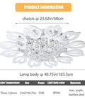 Led Flower Ceiling Light With Remote Dimmable Modern Flush Mount Chandelier with acrylic petals and crystal accents, dimensions shown.