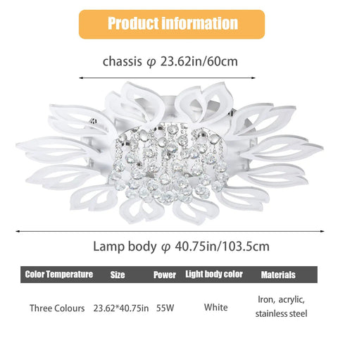 Led Flower Ceiling Light With Remote Dimmable Modern Flush Mount Chandelier with acrylic petals and crystal accents, dimensions shown.