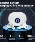 Rock Solid Wireless Earbuds With Bluetooth 5.3 And HiFi Stereo Sound featuring charging case showing battery display on round stand.