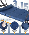 Close-up of blue removable cushions on the Three Seat Outdoor Porch Swing With Adjustable Canopy And Stand 2 In 1 Patio Swing Bed.