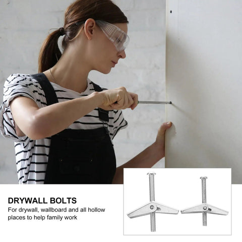 Woman using heavy duty drywall toggle bolt kit with M5 M6 wing nuts for mounting on hollow wall
