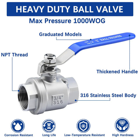 Three Quarter Inch Full Port Ball Valve NPT Female 316 Stainless Steel Built Tough Heavy Duty Valve For Water Oil And Gas With Handle WOG 1000 Rating 4 Pack Corrosion Resistant Industrial Plumbing Grade