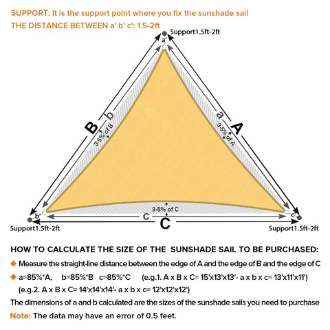 Diagram showing Sun Shade Sail Triangle 16x16x22.6 Ft Sand Color With Curved Edges 185GSM HDPE Shade Cloth dimensions and support points.