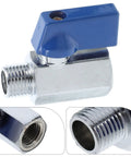 Slick Brass Mini Ball Valve With Npt One Quarter Inch Threaded Ends Designed For Tight Squeeze Spaces And Delivering Heavy Duty Plumbing Performance Without Any Drama Or Hassle with blue lever and threaded connectors.