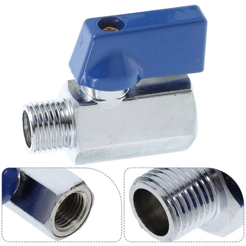 Slick Brass Mini Ball Valve With Npt One Quarter Inch Threaded Ends Designed For Tight Squeeze Spaces And Delivering Heavy Duty Plumbing Performance Without Any Drama Or Hassle with blue lever and threaded connectors.