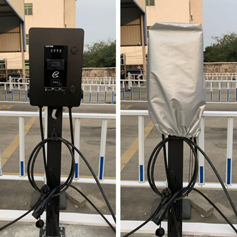 Heavy Duty Beefed Up Waterproof Charging Station Cover fends off gnarly conditions protecting EV charger with rain guard.