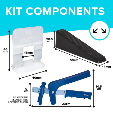 Tile Leveling System Starter Kit One Eighth Inch Three Millimeter Size With One Hundred Spacer Clips One Hundred Wedges And One Pair Of Installation Pliers Heavy Duty For DIY And Professional Tile And Stone Installations components image.
