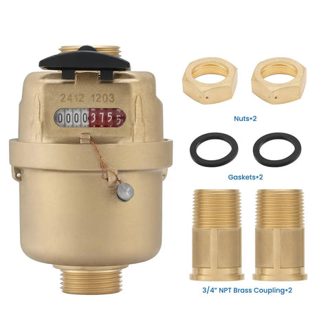 Three Quarter Inch Non Pulsed Rotary Piston Water Meter with brass construction, showing meter, nuts, gaskets, and NPT brass couplings.