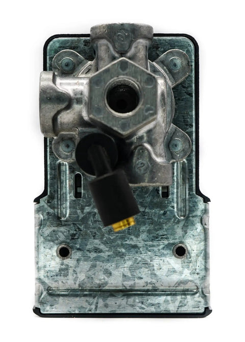 Drop Right In Heavy Duty Pressure Switch Replacement For Craftsman Black And Decker Dewalt Gear 130 To 160 Psi Auto Shutoff Unloader Valve showing top view with metal base.